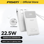 PISEN 3C Certified 22.5W Power Bank 10000mAh/ 20000mAh With Built-in Type C/L Cables Fast Charging Powerbank For iPhone Samsung Car Mobile World