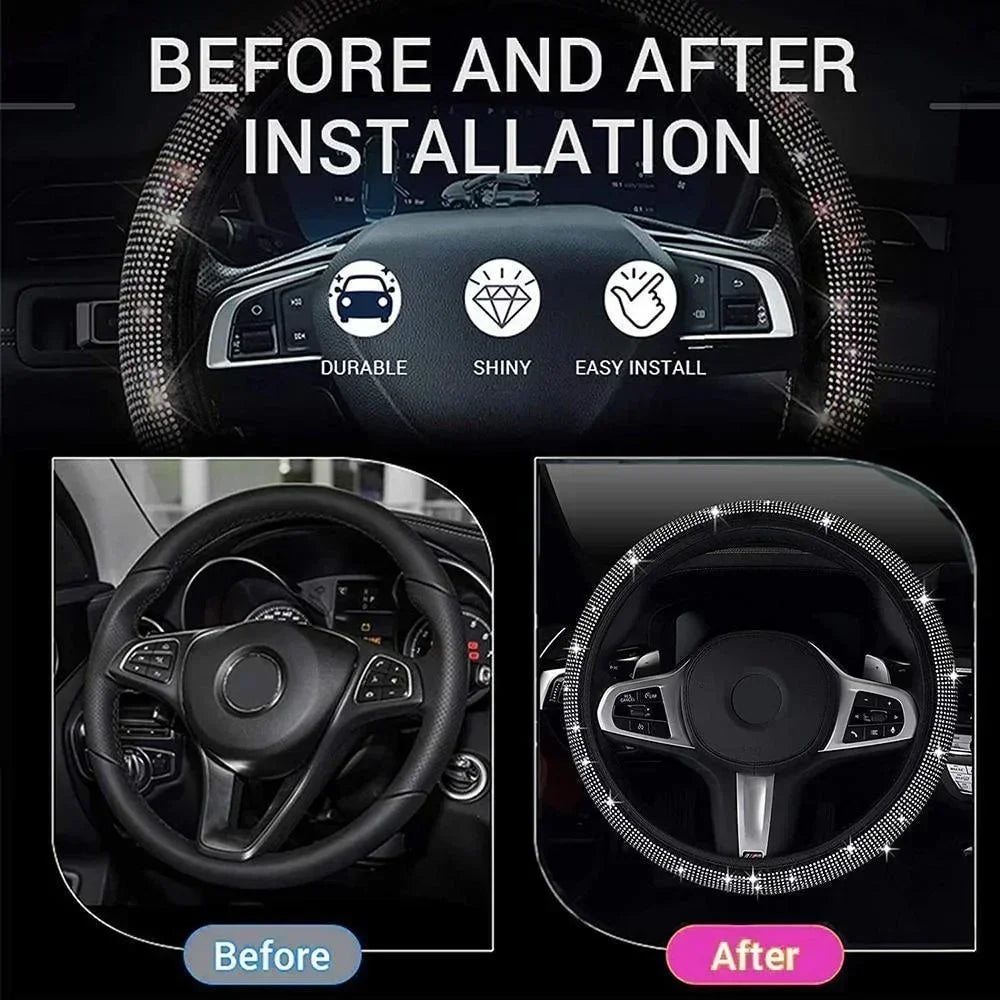 37/38cm Car Steering Wheel Cover Universal Bling Diamond Rhinestones Elasticity Interior Car Accessories for Four Seasons CM World