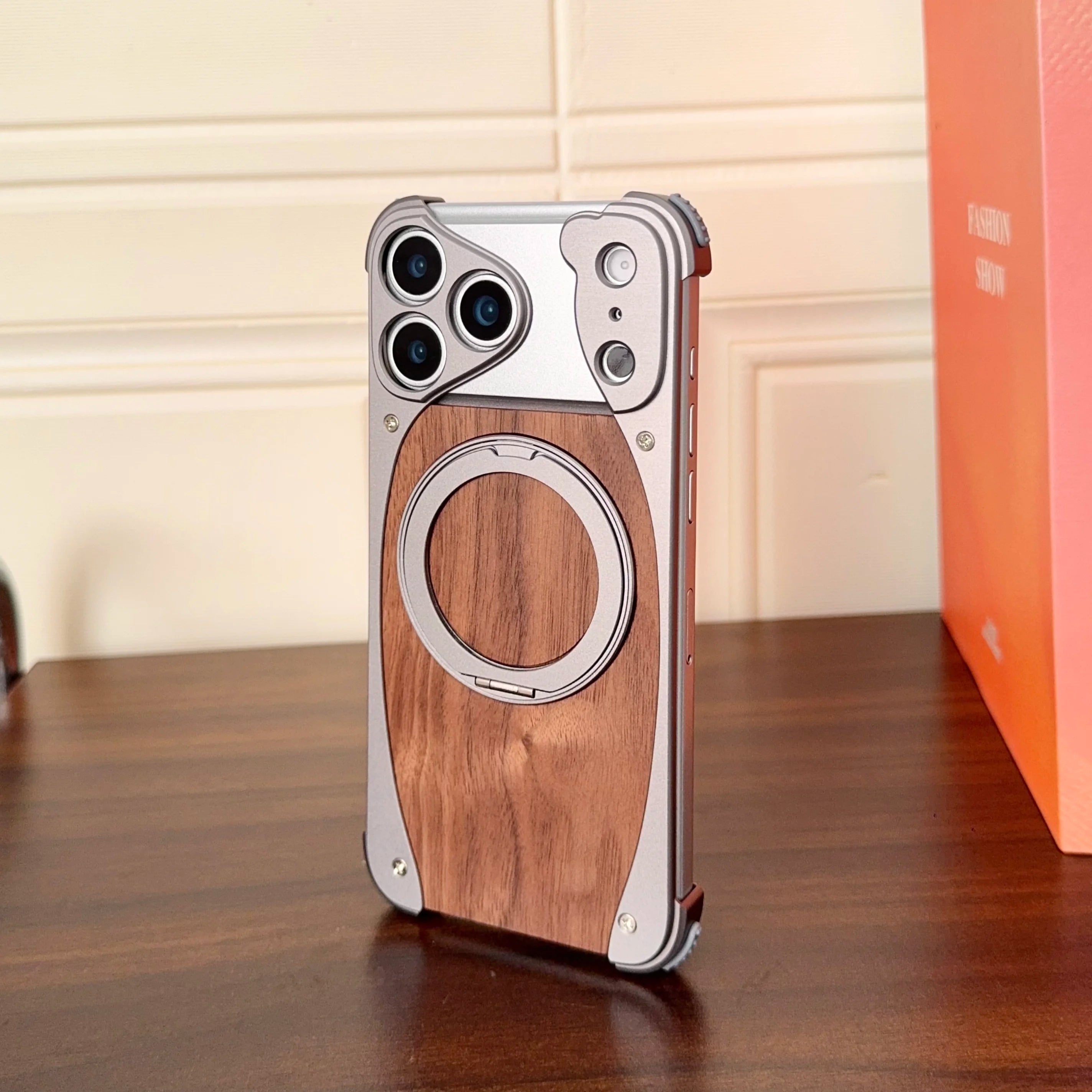 Luxury Metal Frame Walnut Wood Frameless Phone Case For iPhone 17 16 15 14 Pro Max Magsafe Magnetic 360 Rotating Bracket Cover Car Mobile World