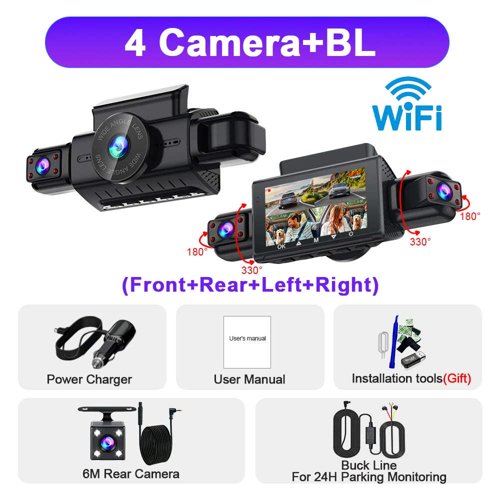  Dashcam for cars 4 Channel Black Box WiFi Driving Camera FHD 1080P Night Vision Loop Recording 24H Parking Mode car accessorie Car Mobile World