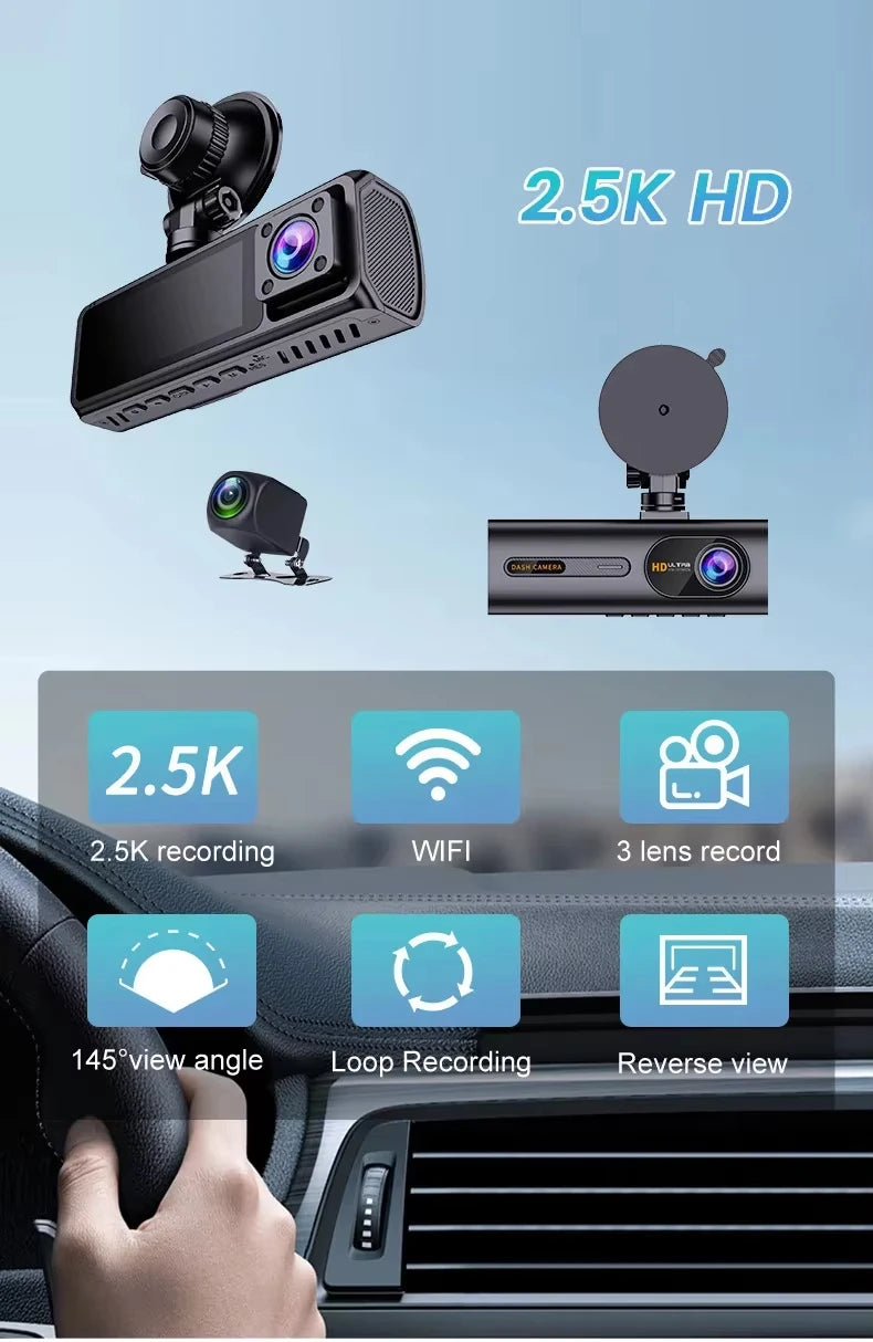 2.5K 3 Channel Dash Cam Front Inside Rear Car Driving Recorder HD Three Way Video Camera WiFi Mobile Phone App Control Car Mobile World