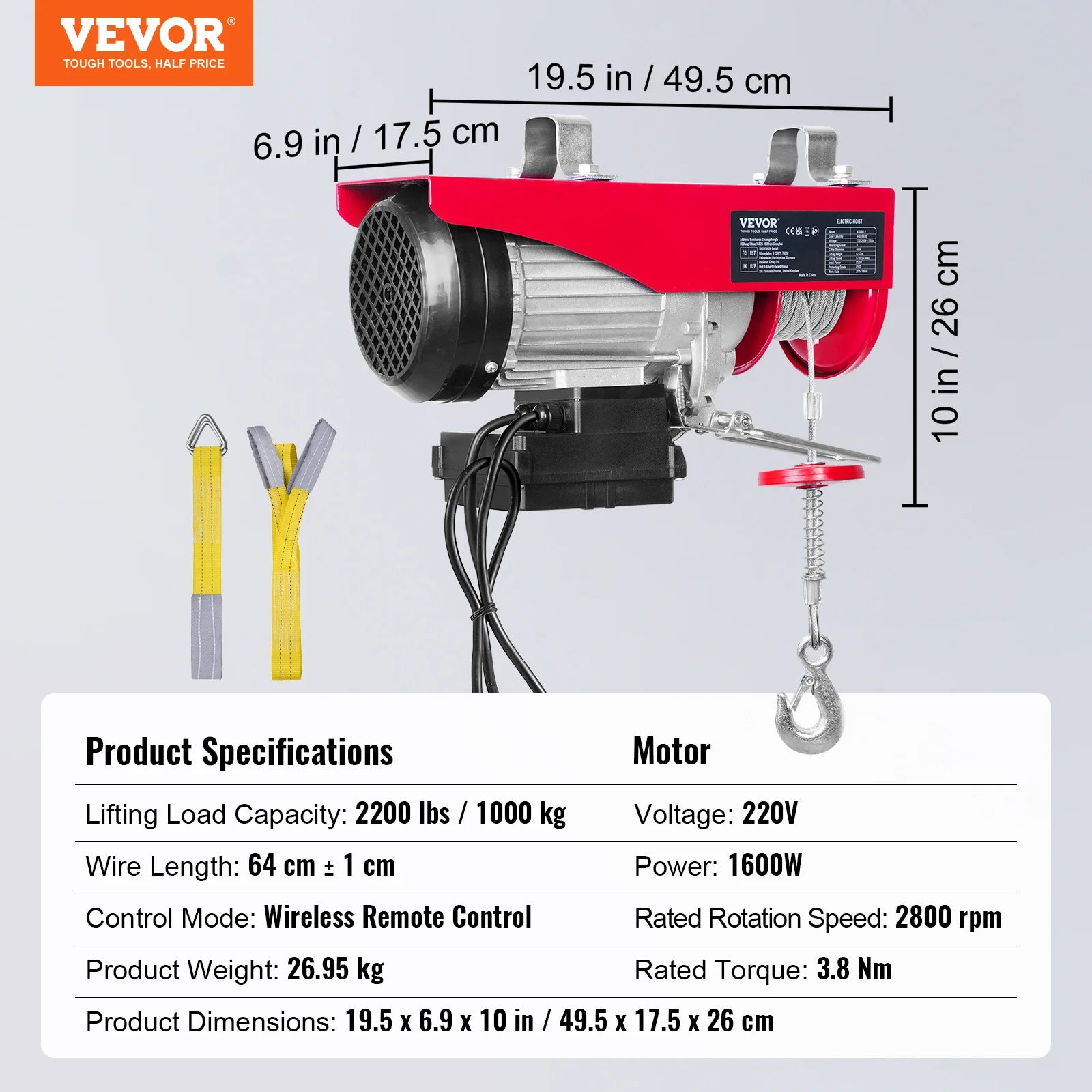 SucceBuy 1320-2200 lbs Wireless Electric Hoist with 40ft Single Cable Lifting Height Steel Wire Winch Garage Warehouse Factory CM World