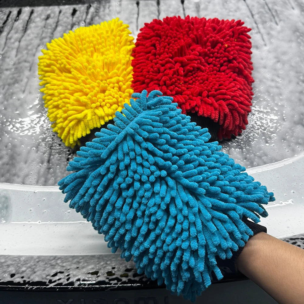 AUTOBRIGHT Oversized Double Sided Chenille Car Wash Mitt Red Blue Yellow Ultra Soft Professional Tool DIY Car Exterior Cleaning CM World