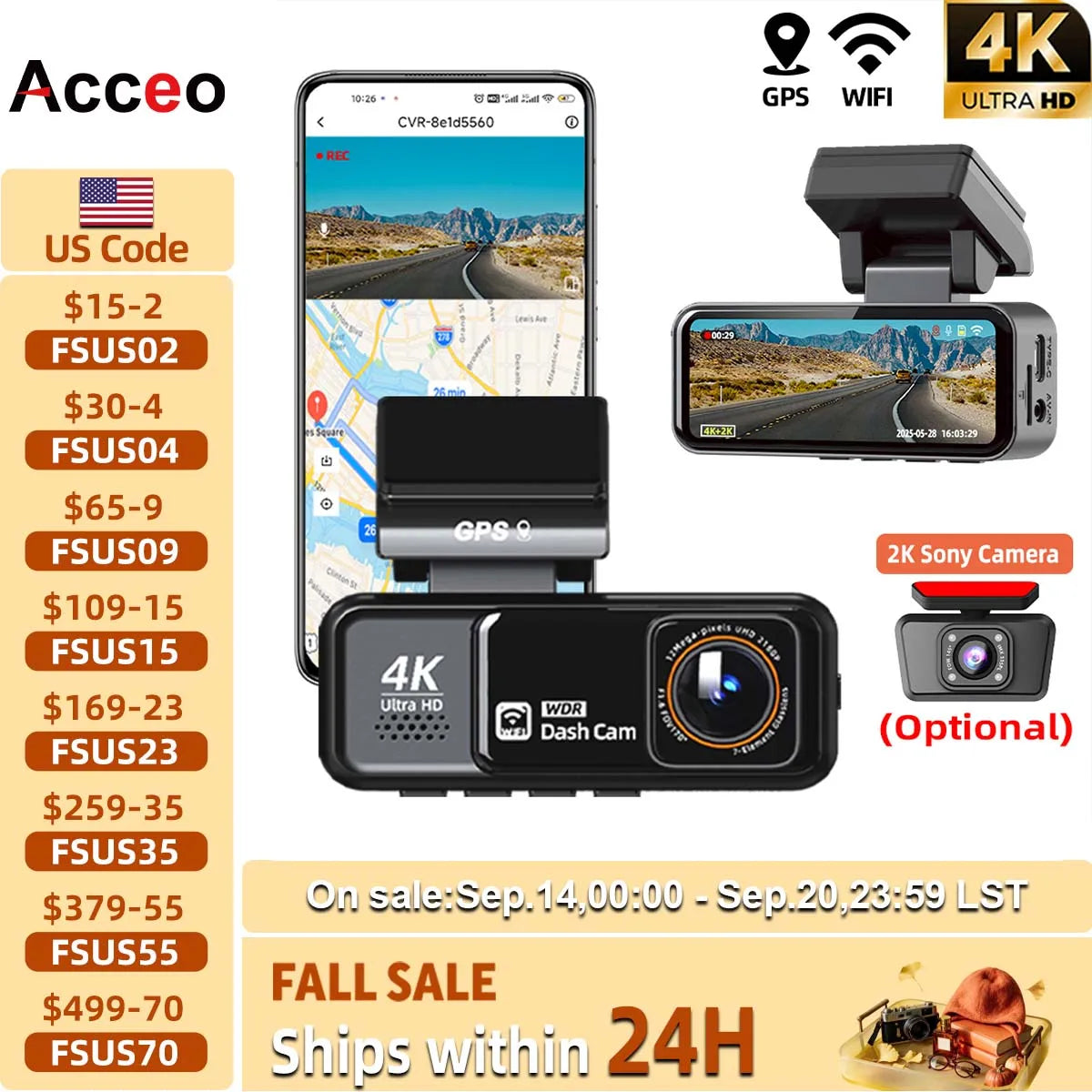 Acceo 4K Dashcam WIFI GPS CAR Video Recorder Dual Lens Support 2.5K Rear Camera Night Vision 24H Parking Monitoring Black Box