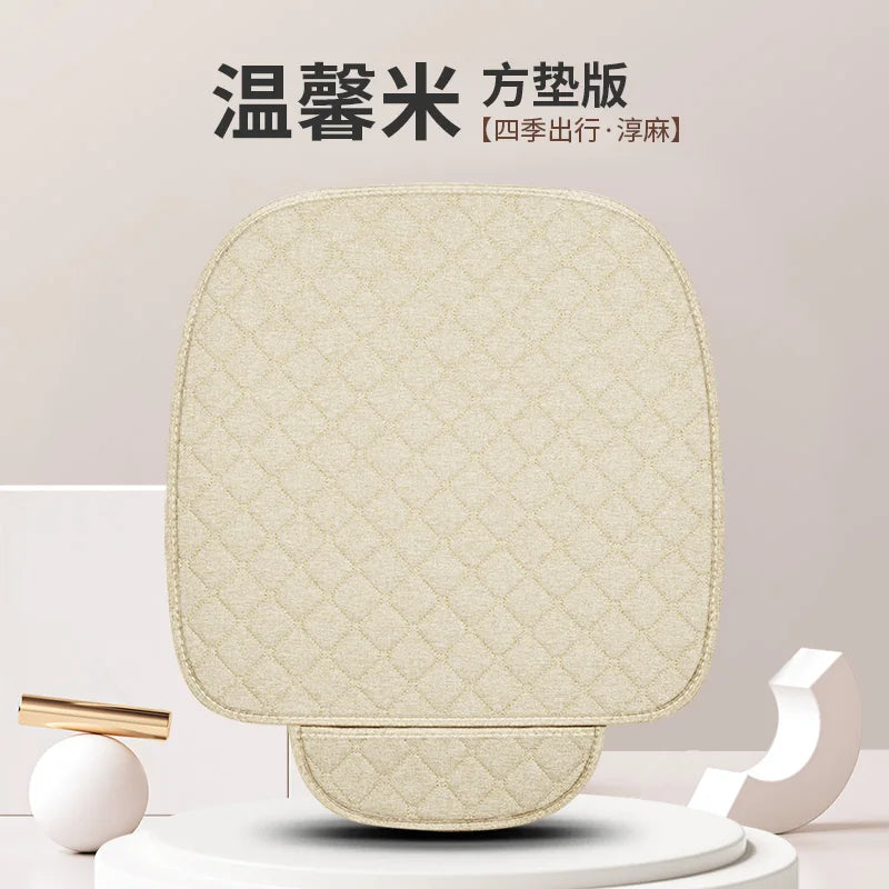 Universal Car Seat Cushion with Backrest Beige Linen Diamond Quilted Four Seasons Breathable Non-slip Auto Seat Cover Protector