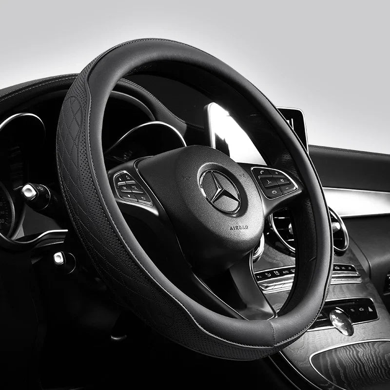 Napa Leather Perforated Patchwork Car Steering Wheel Cover, Non-slip, Breathable, Universal 15 Inch (Approx. 38.1cm) CM World