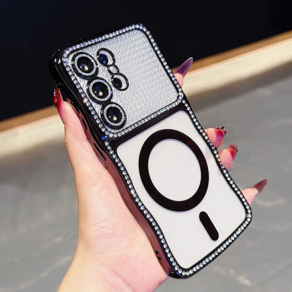 Luxury Glitter Diamond for Magsafe Plating Case for Samsung Galaxy S26 Ultra Plus Bling Camera Protector Transparent Wave Cover