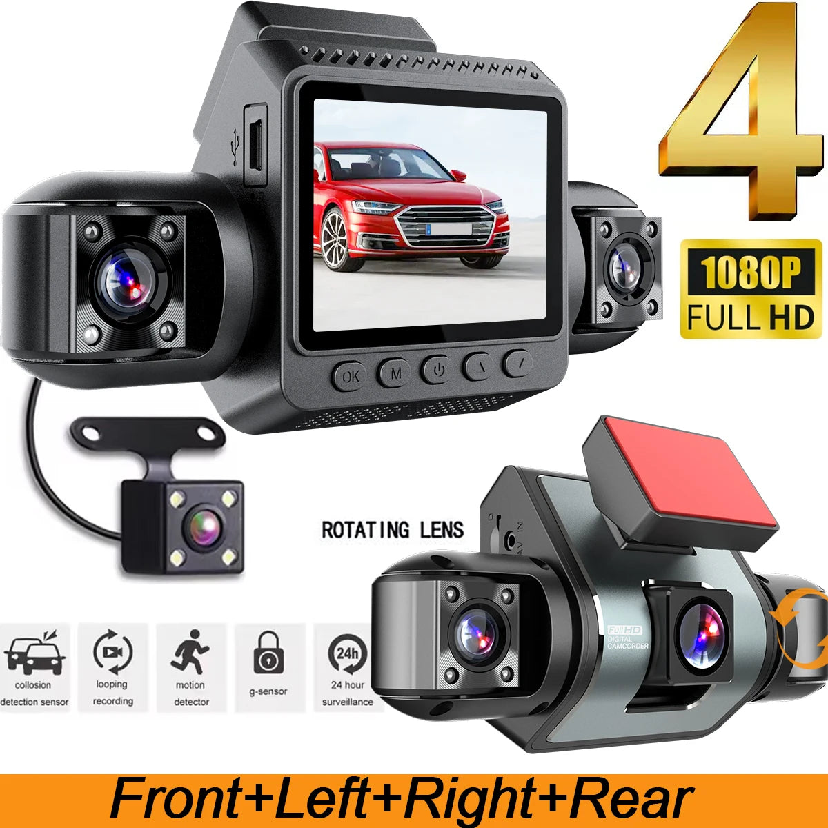4-Channel Car Dash Cam1080P Front And 720P Other Channels, Night Vision, Loop Recording, G-Sensor, Parking Monitor