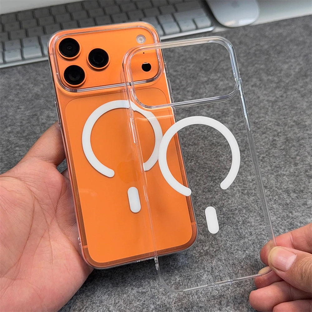 Ultra Thin Hard PC HD Transparent Magnetic Case For iPhone 18 17 16 15 Pro Max 14 13 12 For Magsafe Wireless Charge Clear Cover