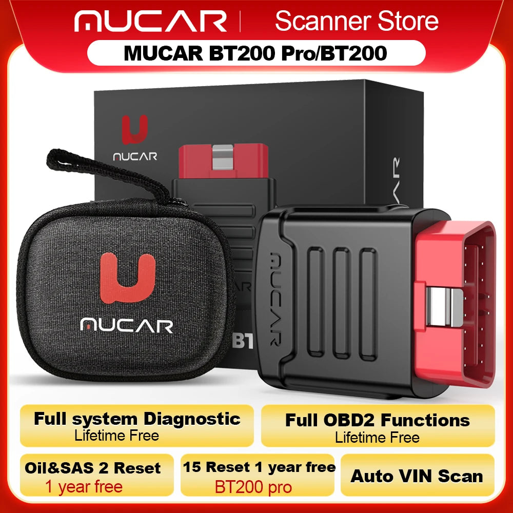 MUCAR BT200/BT200 Pro OBD2 Bluetooth Diagnostic Tool Full System Diagnose Oil SAS 15 Reset OBD 2 Scanner for All Car Code Reader Car Mobile World
