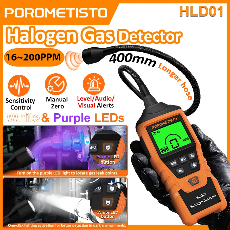 POROMETISTO HLD01 Halogen Gas Leak Detector Level/Audio/Visual Alarms LED Light R134a R22 R12 High Sensitivity Gas Sensor Test CM World