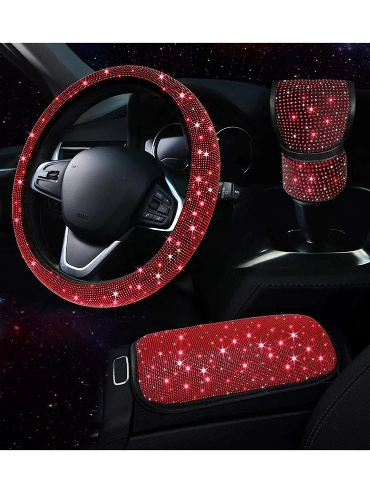 3Pcs Car Accessories Set for Women Steering Wheel Cover Gear Shift Cover Armrest Pad Mat Bling Auto Diamond Decortion Styling CM World
