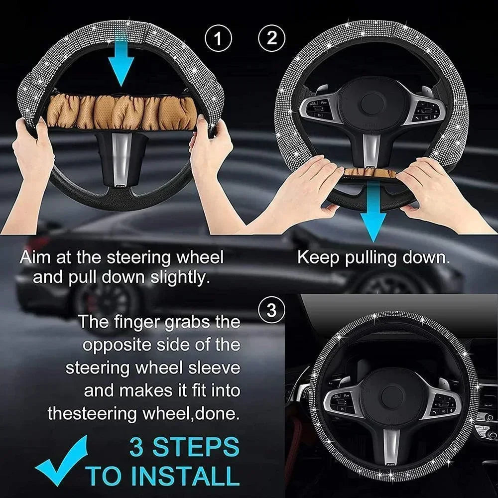 Universal Rhinestones Steering Wheel Cover with Crystal Diamond Sparkling Car Breathable Anti-Slip Steering Wheel Protector CM World