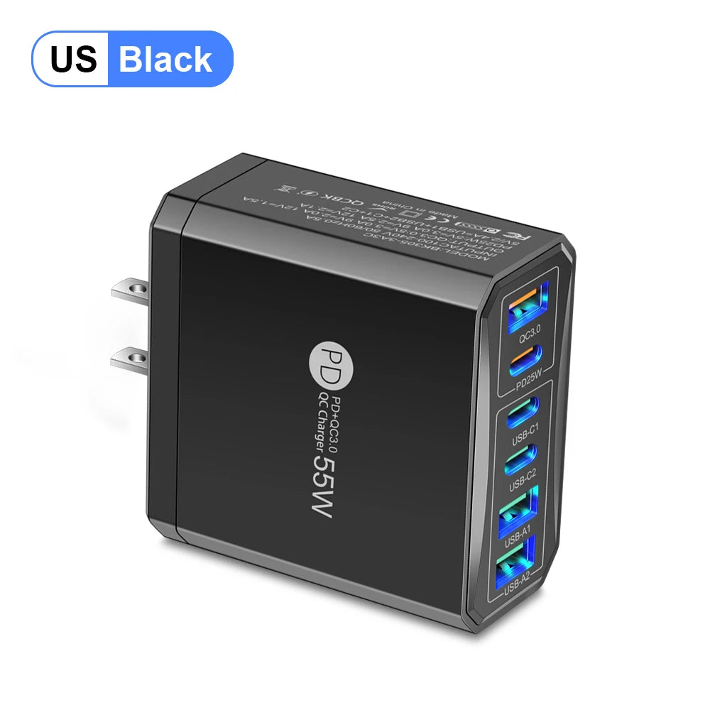 55W 3 USB 3 PD Charger Fast Charging QC3.0 Travel Charger For iPhone 15 14 Samsung Xiaomi Mobile Phone Adapter EU KR US UK Plug Car Mobile World
