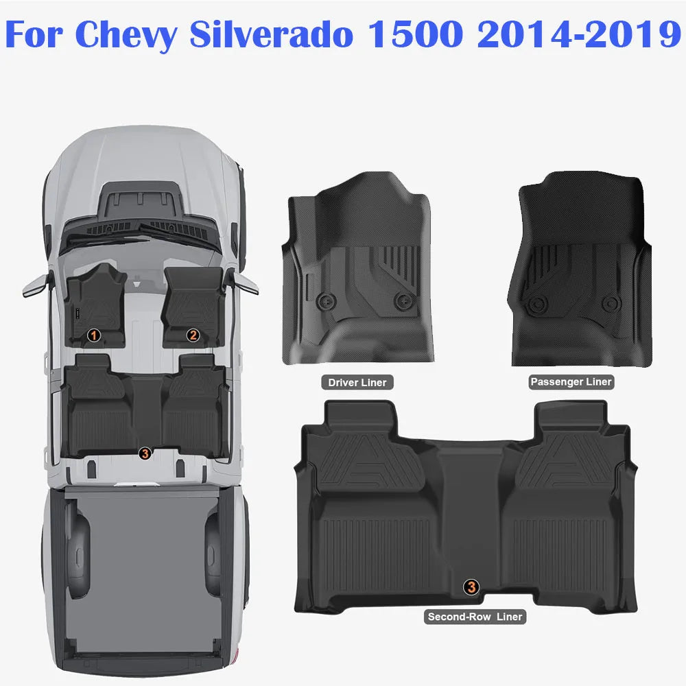 3PCS New Quality All Weather Car Floor Mats Durable For Chevy Silverado 1500 2014-2019 TPE Automotive Floor Mats Waterproof Heavy Duty Car Mats Flexible Floor Liners