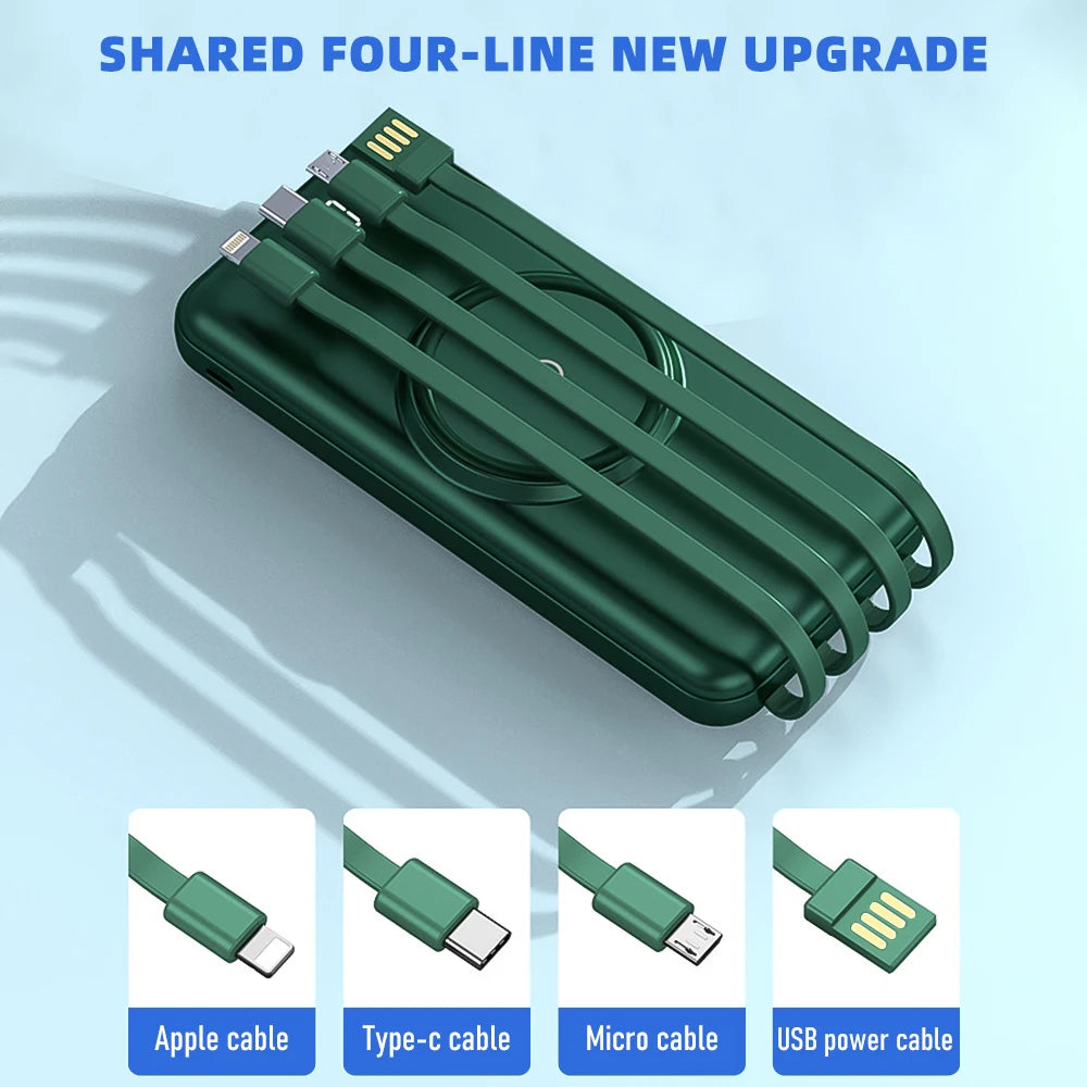 20000mAh Wireless Power Bank Fast Charging Built-in Quad Power Cable Mobile Phone Charger For Iphone 13 14 15 Xiaomi Samsung Car Mobile World
