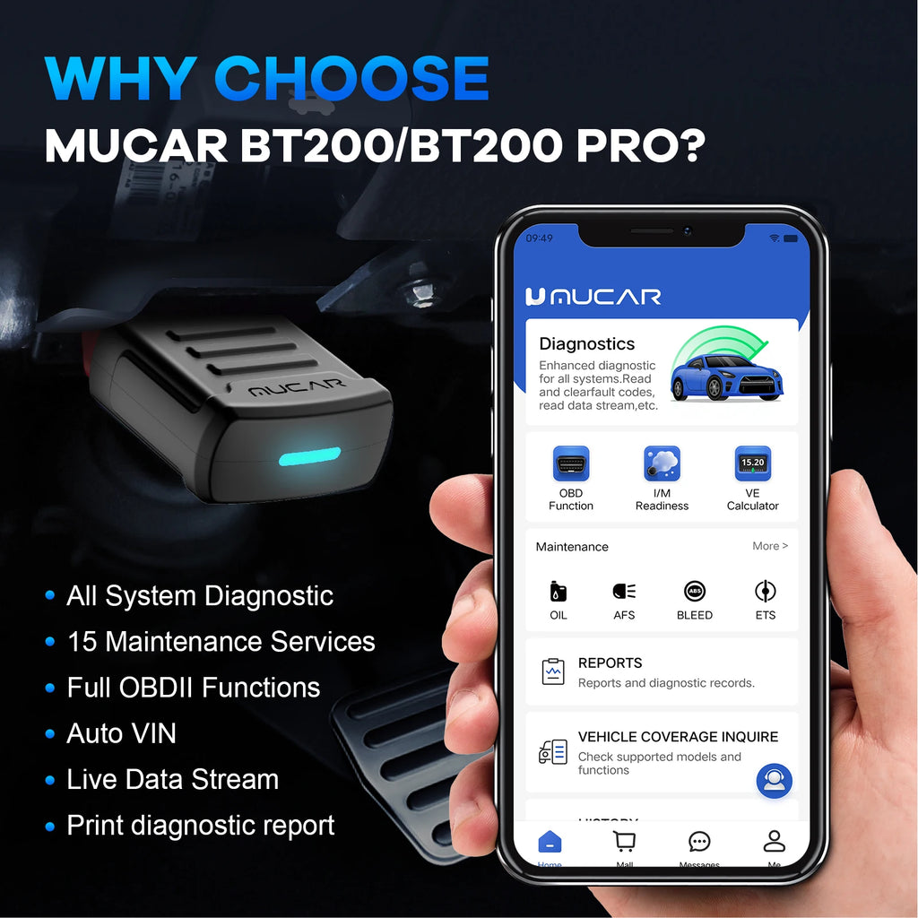 MUCAR BT200/BT200 Pro OBD2 Bluetooth Diagnostic Tool Full System Diagnose Oil SAS 15 Reset OBD 2 Scanner for All Car Code Reader CM World