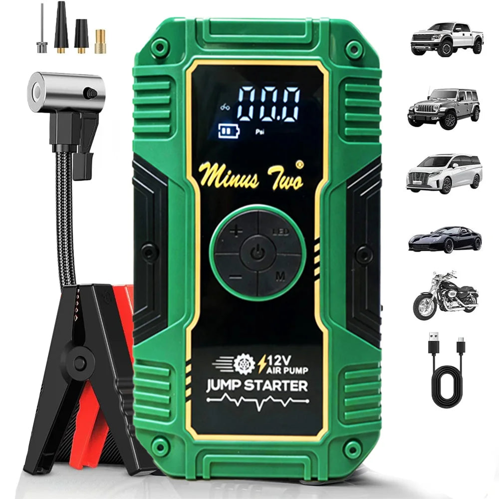 12V Car Jump Starter with Air Compressor, Portable Battery Booster Power Bank, Tire Inflator Pump for SUV Auto Emergency Kit