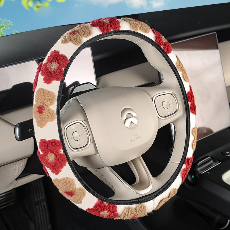 Flower Shaped Car Steering Wheel Cover with Plush Three-Dimensional Pattern Elastic and Elastic Protective Cover for Women's Car