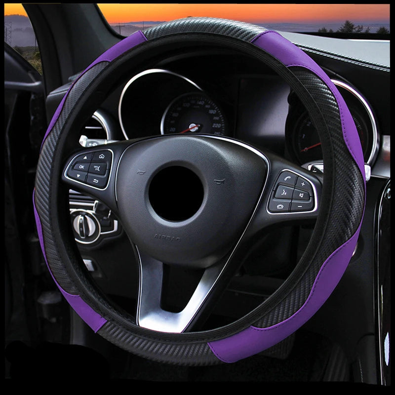 Car accessories Carbon Fiber PU Leather Steering Wheel Cover for Hyundai I10 Peugeot 2008 Dacia Sandero Stepway CM World