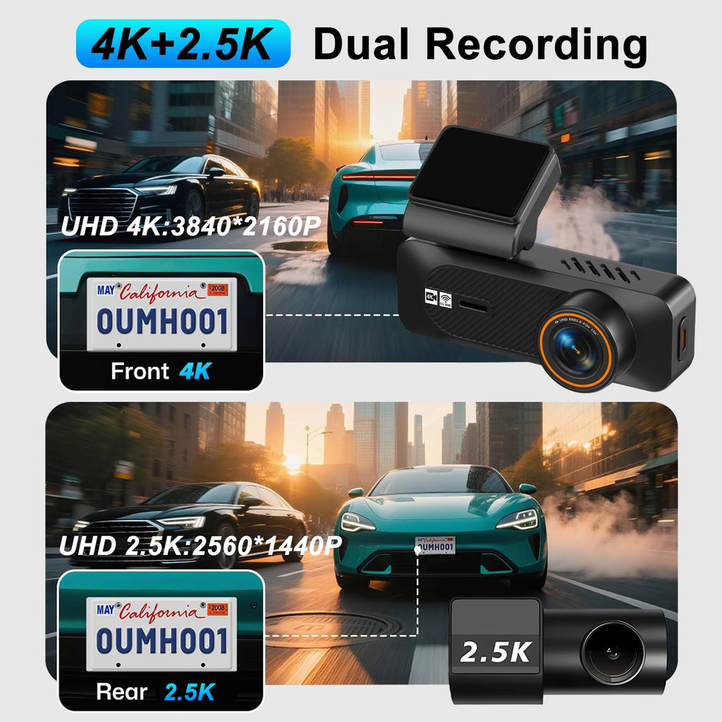 4K 2160P+2.5K 1440P ADAS Dual Lens Car Dash Cam WiFi Connect Front And Rear View Black Box 24H Parking Assistance for Vehicle