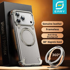 Eary for iPhone 17 Pro Max Air Phone Case Genuine Leather for Magsafe Frameless Shell 360°Rotate Magnetic Stand Anti-Drop Cover Car Mobile World
