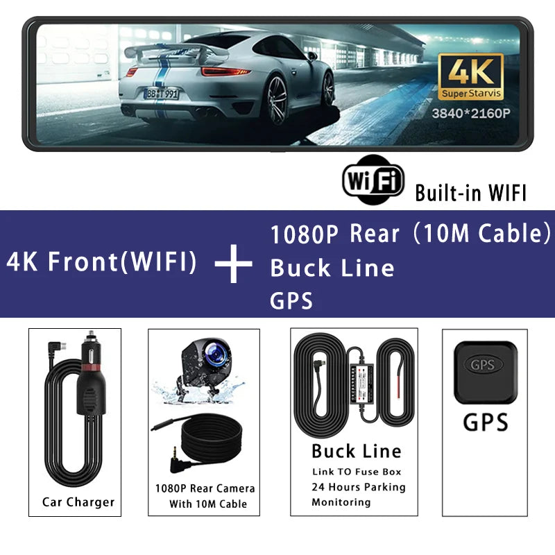11.26" Car Dvr 4K 3840*2160P Dash Cam GPS WIFI Mirror Dual Lens Dashcam Camera Drive Recorder Vehicle Black Box Stream RearView