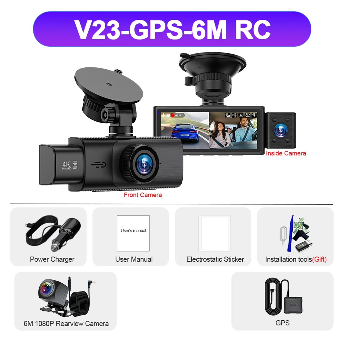 3 Channel WiFi 4K Dash Cam Front and Inside DashCam 1080P Rear Camera Night Vision 24H Parking Car DVR Black Box Support GPS Car Mobile World
