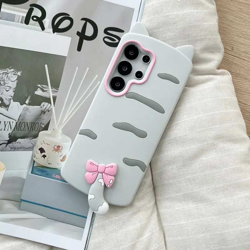 Kawaii 3D Cat Ears Tail Silicone Phone Case for Samsung Galaxy S23 S24 S25 S26 Ultra FE A56 A55 A36 A35 A26 A17 A16 A24 A25 A26