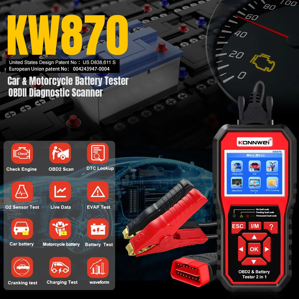 2026 KONNWEI KW870 High-end Car OBD2 Diagnostics Tool 2-in-1 Auto Moto Battery Tester 6V 12V Scanner Cranking Charging Test Tool