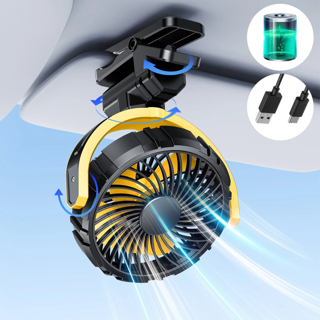 Eary Battery Powered Car Fan 2000mAh Clip On Fan for Car Visor Quiet 360° Rotate Usb Rechargeable for SUV Van Truck Accessories CM World