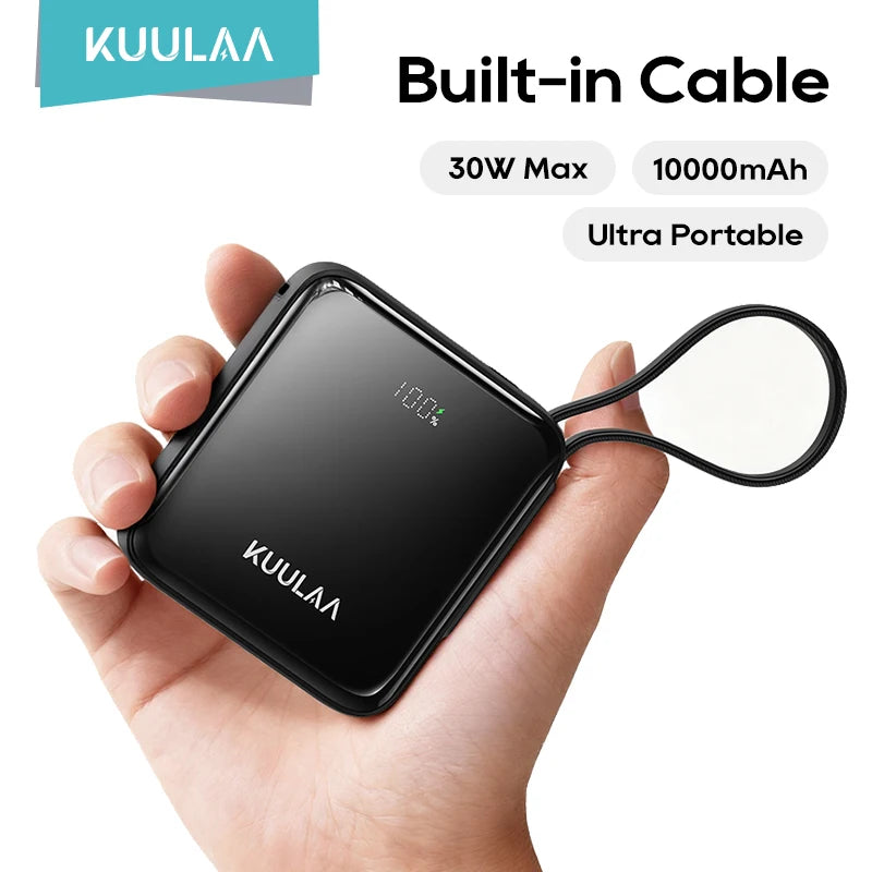 KUULAA 35W Mini Power Bank 10000mAh Built-In USB-C Cable Pocket-Sized Smaller Fast Charging Portable For iPhone 17 Samsung S25 Car Mobile World