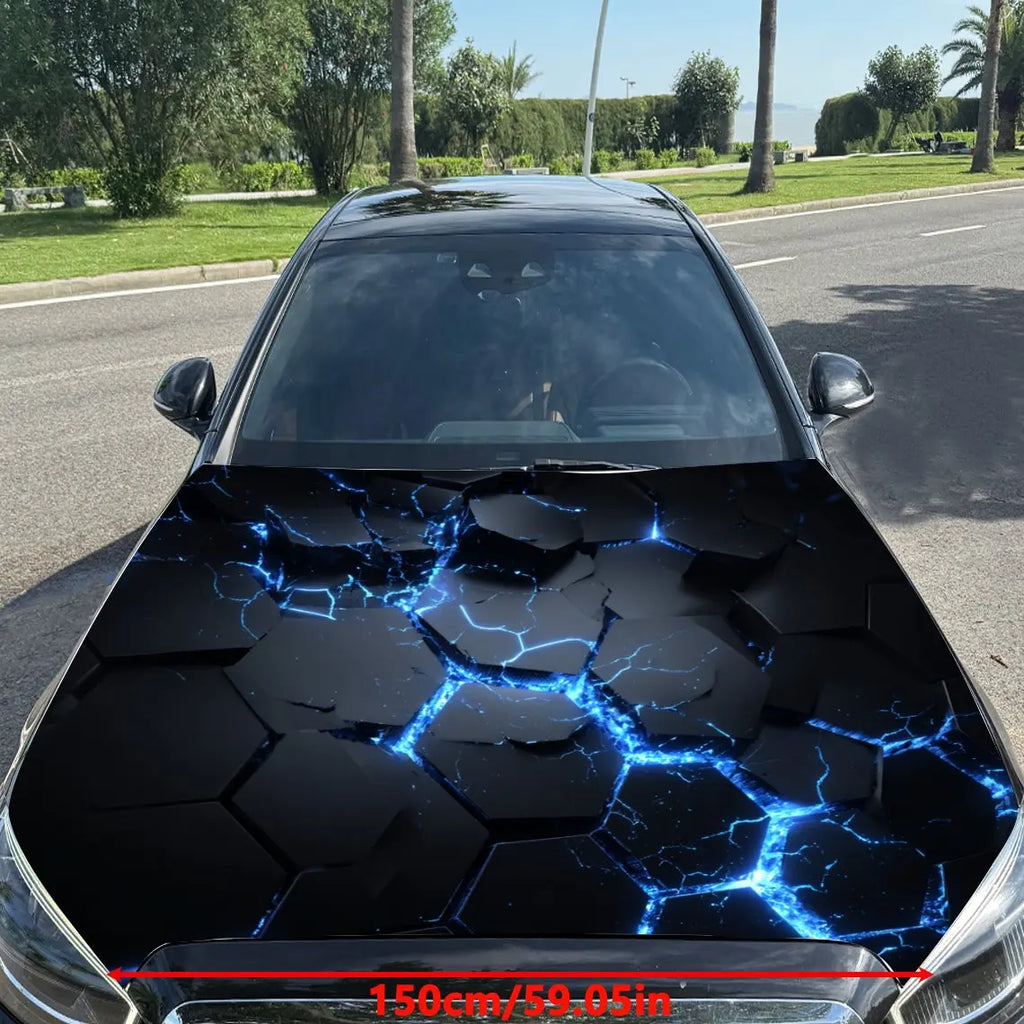 Electric Blue Cracks Hexagon Car Vinyl Wrap, PVC Material Waterproof Car Hood Sticker, Self-Adhesive Scratch-Resistant Stickers