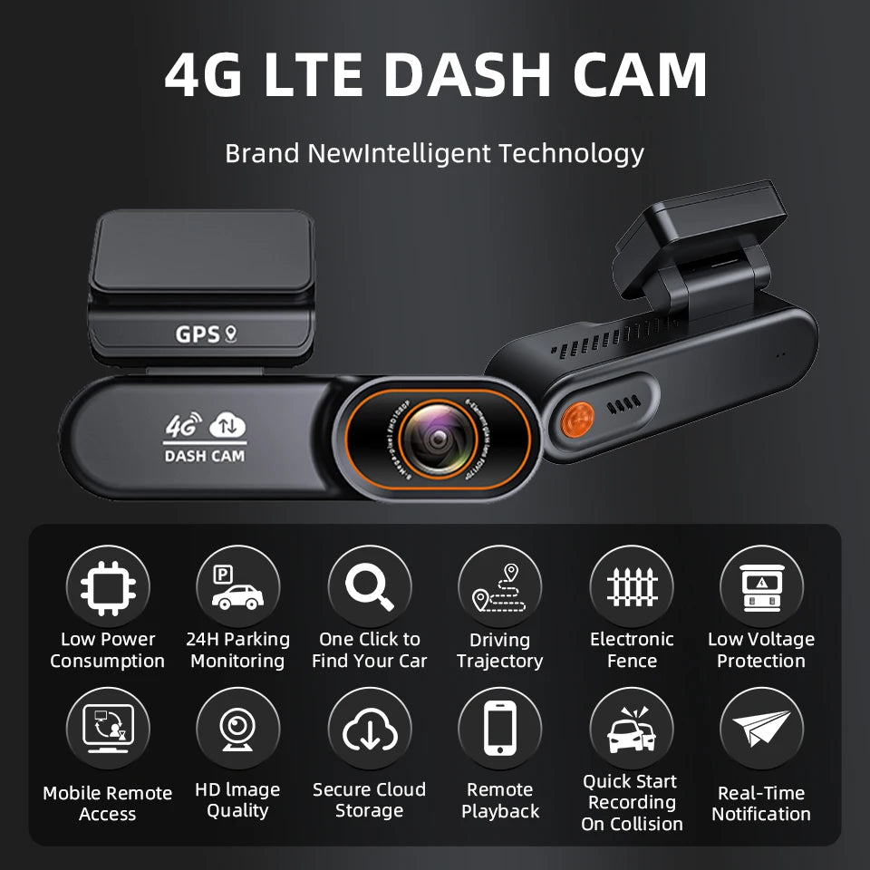 4G LTE Dash Cam Remote Real-Time Monitoring Car Security Camera Supports Cloud Storage Night Vision GPS Car DVR