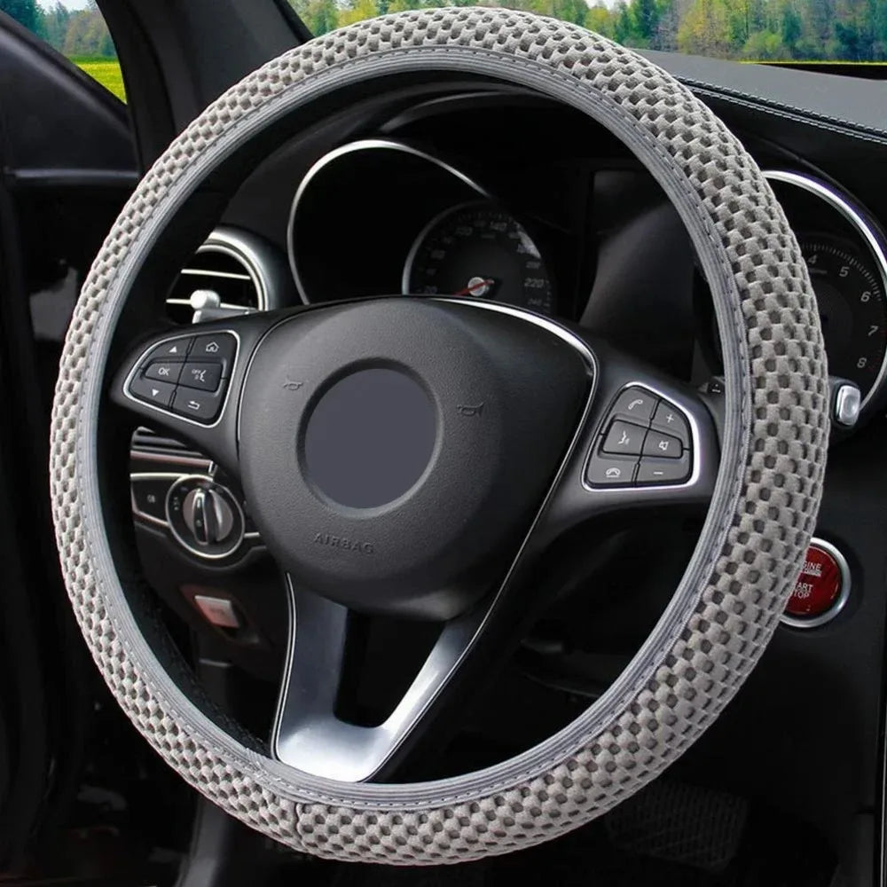 Universal 38cm car steering wheel cover with anti slip and sweat absorbing ring, elastic grip for easy installation and removal