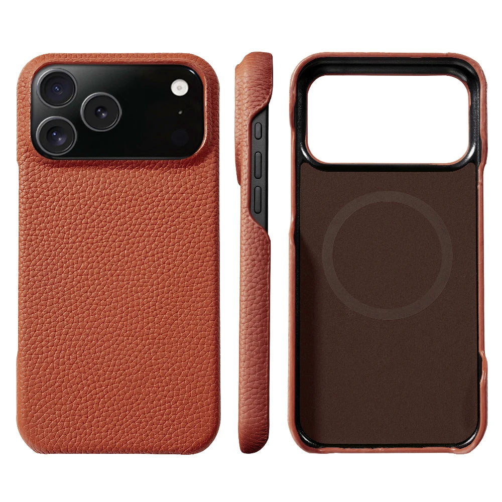 for Magsafe Case for iPhone 17 Air 15 16 Pro Max 17Pro Lychee Natural Cowhide Leather Magnetic Protector Luxury Phone Back Cover Car Mobile World