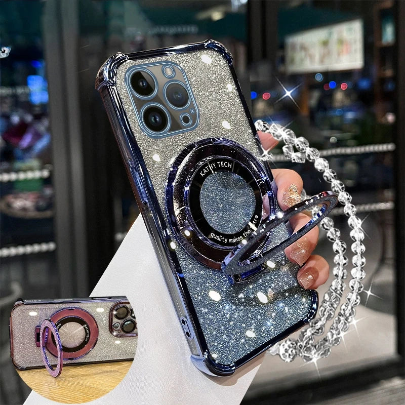 Glitter Crystal Bracelet Phone Holder Case For iPhone 16 15 14 13 12 11 Pro Max XS X XR 7 8 Plus SE2020 Bracket Shockproof Cover
