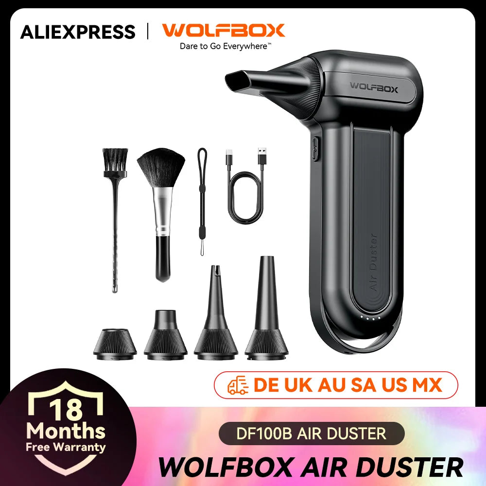 WOLFBOX DF100(MF100-BLACK) Blower Powerful Wireless Air Blower Air Duster 3-Speed Adjustable Mini Blower for Car/PC/Home/Outdoor CM World
