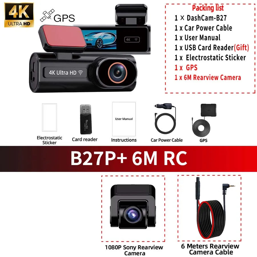 ACCEO Dash Cam WIFI GPS Mini CAR DVR Front 4K And Rear 1080P Dual Lens Black Box Room Camera Night Vision 24H Parking Monitor Car Mobile World