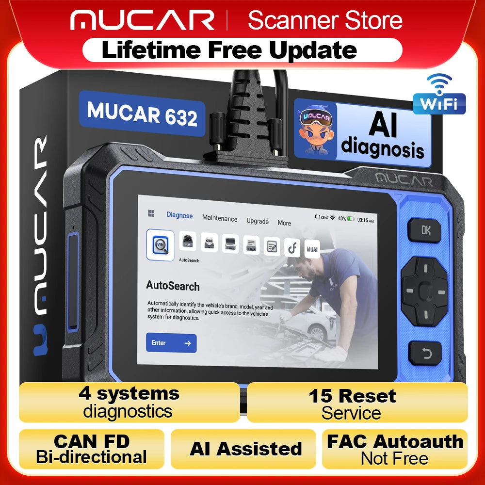 MUCAR 632 OBD2 Diagnostic Tool AI Assisted Bi-directional CANFD Protocal ECM/TCM/ABS/SRS Diagnosis 15 Reset Lifetime Free Update CM World