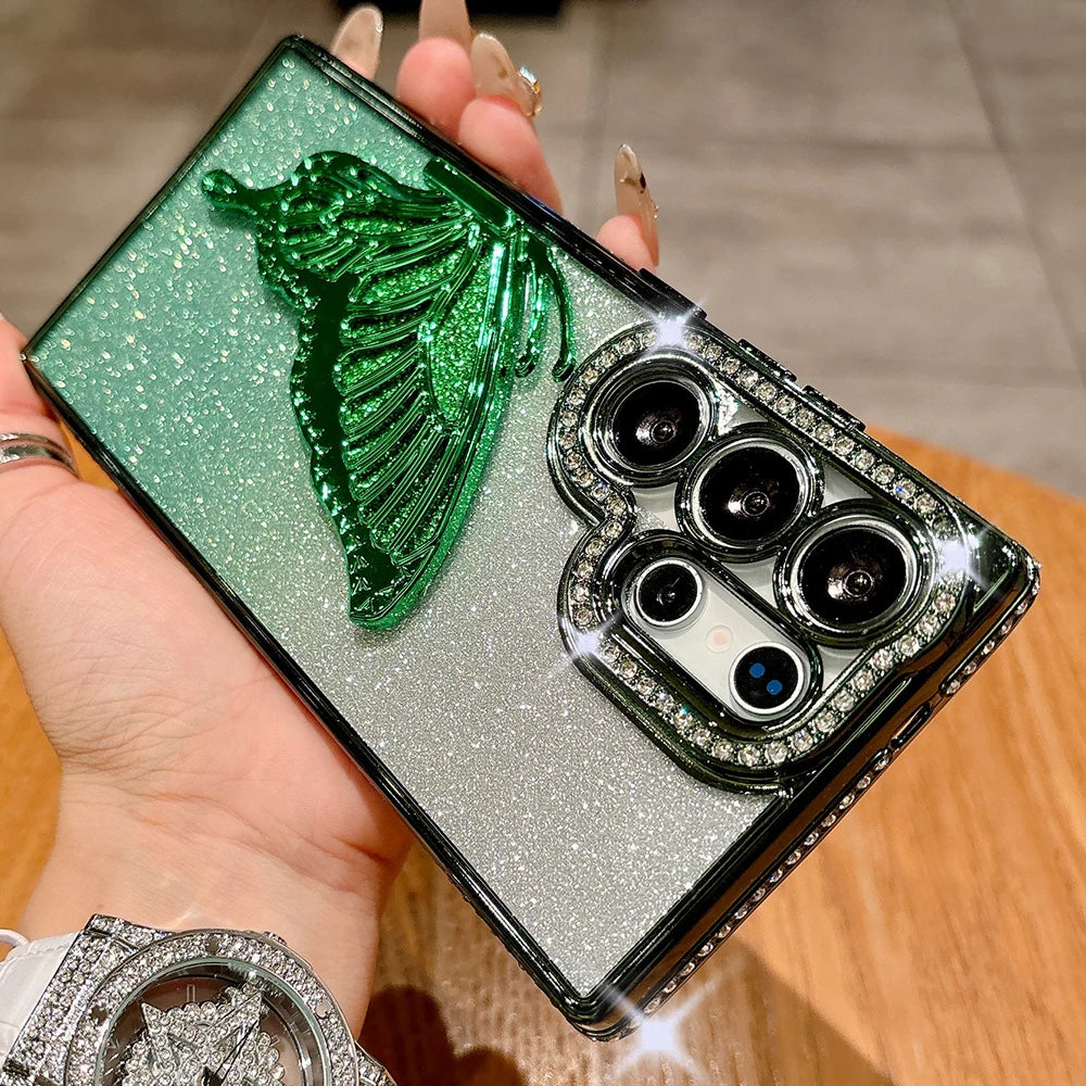 Jewelled Glitter Bling Butterfly Stand Holder Case For Samsung S25 Edge S24 S23 S26 Ultra S22 Plus A73 A54 A16 Shockproof Cover Car Mobile World