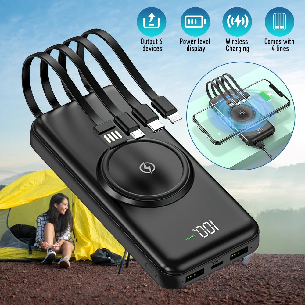 20000mAh Wireless Power Bank Fast Charging Built-in Quad Power Cable Mobile Phone Charger For Iphone 13 14 15 Xiaomi Samsung Car Mobile World
