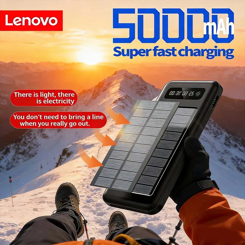 Lenovo Solar Power Bank 50000mAh Large Capacity Mobile Power Fast Charging Battery Dual Usb 4 Cables LED Digital Display Car Mobile World