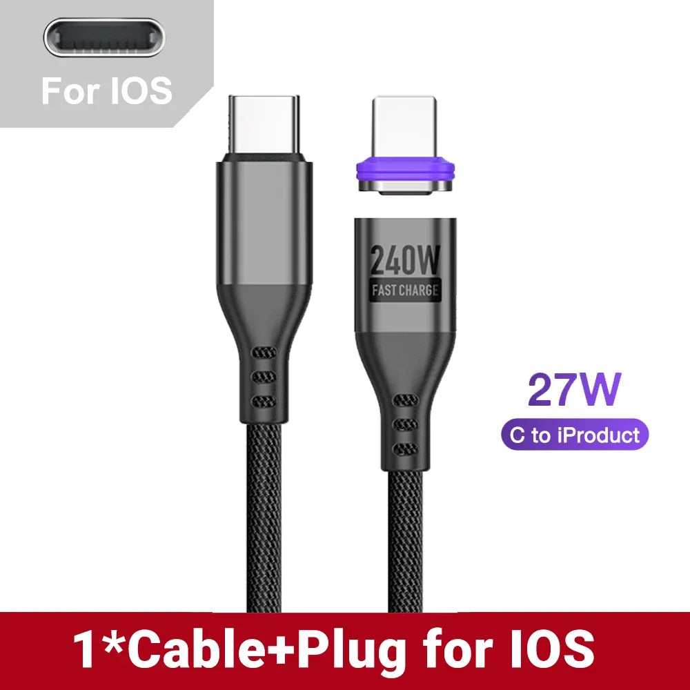 AUFU PD240W Magnetic Type C Cable For Macbook PC 5A Super Fast Charging Magnet USB-C Charger Data Cord For iPhone Samsung Xiaomi