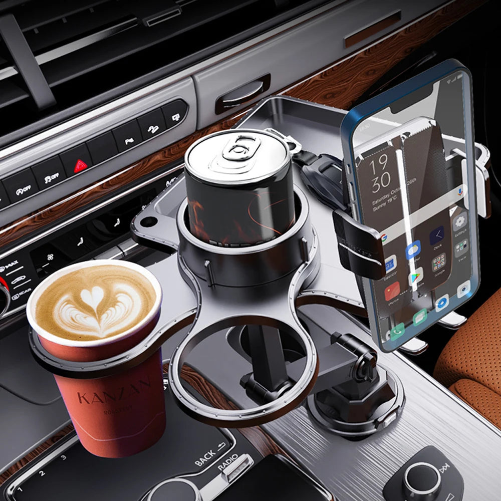 Car Dual Cup Holder Expander With Tray Phone Holder 360 Adjustable Table Slot Food Organized Tray Portable Drink Stand CM World