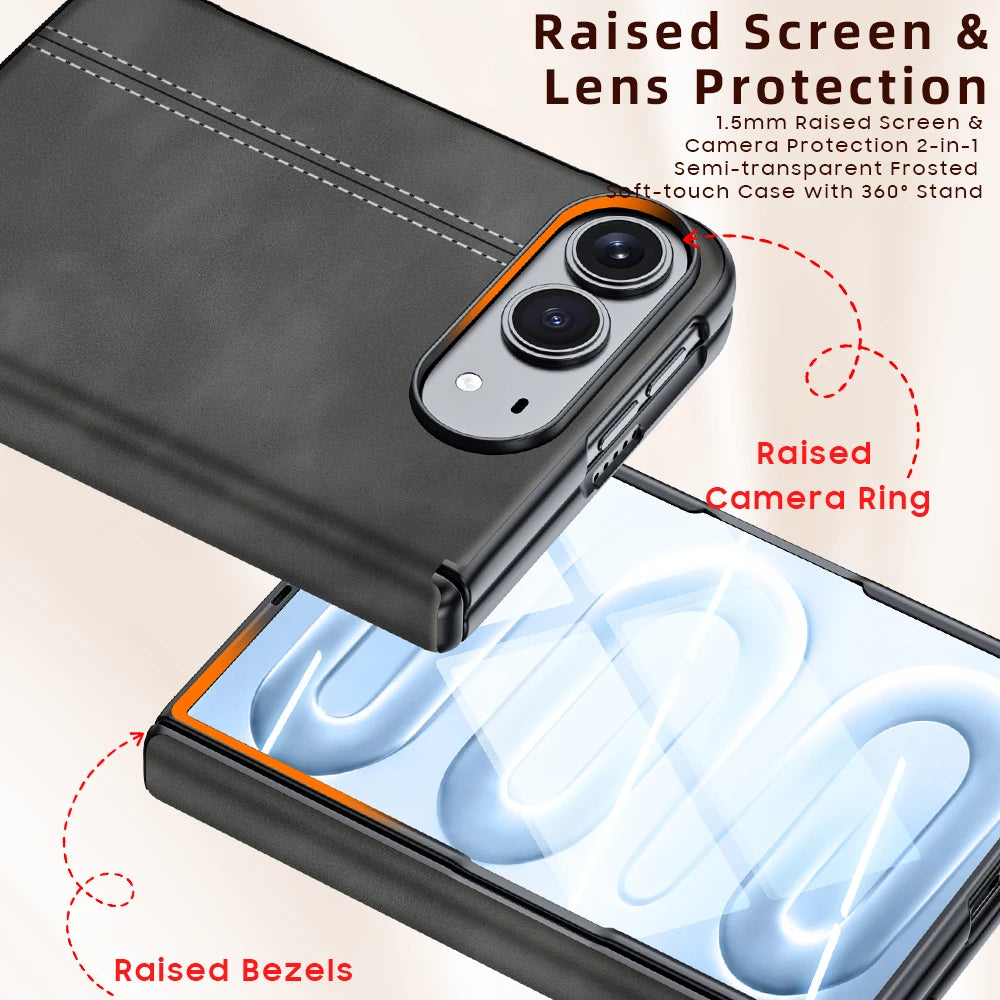 For iPhone Duo Luxury Saffiano Leather Pattern Screen Film Glass Phone Case for iPhone Duo Hinge Protection Cove