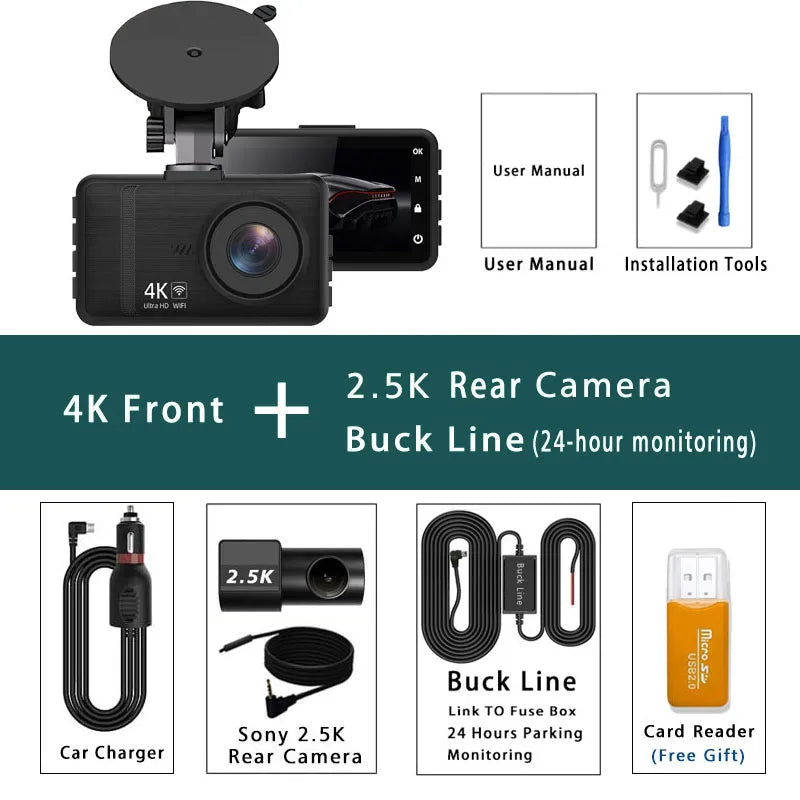 4K 2160P Ultra HD Dash Cam Night Vision With Back 2.5K 1440P Rear Car Video Camera WiFi GPS Logger G-Sensor Loop Recording