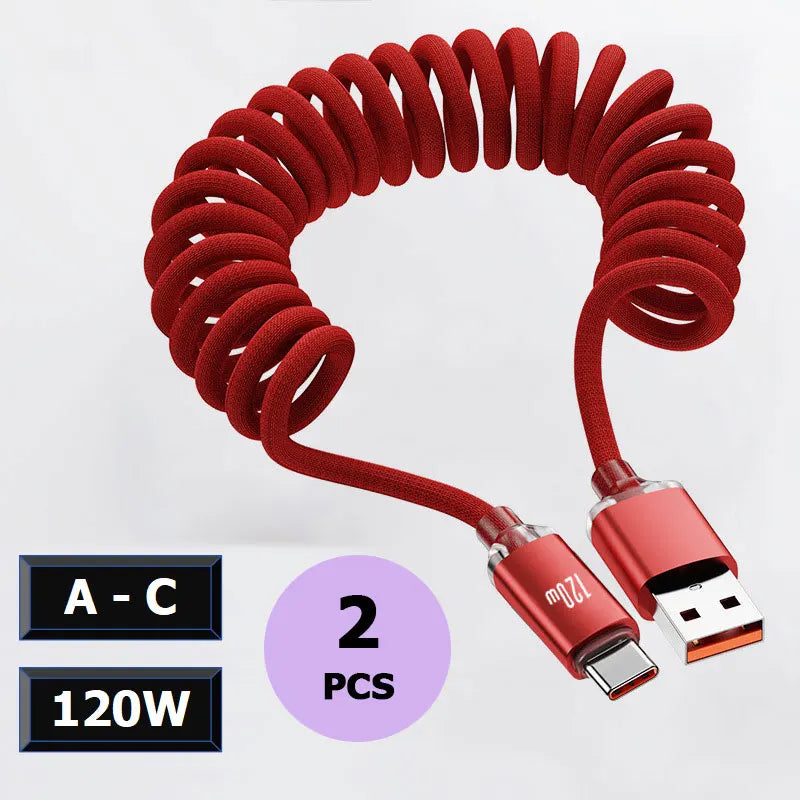 120W Spring USB Type C Cable Fast Charging For Huawei Xiaomi Mobile Phone Type C To USB C Cable For iPhone 15 16 Samsung Cable