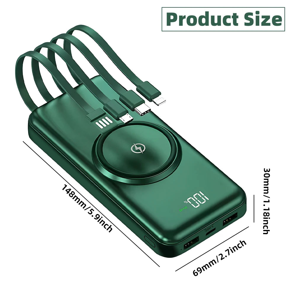 20000mAh Wireless Power Bank Fast Charging Built-in Quad Power Cable Mobile Phone Charger For Iphone 13 14 15 Xiaomi Samsung Car Mobile World
