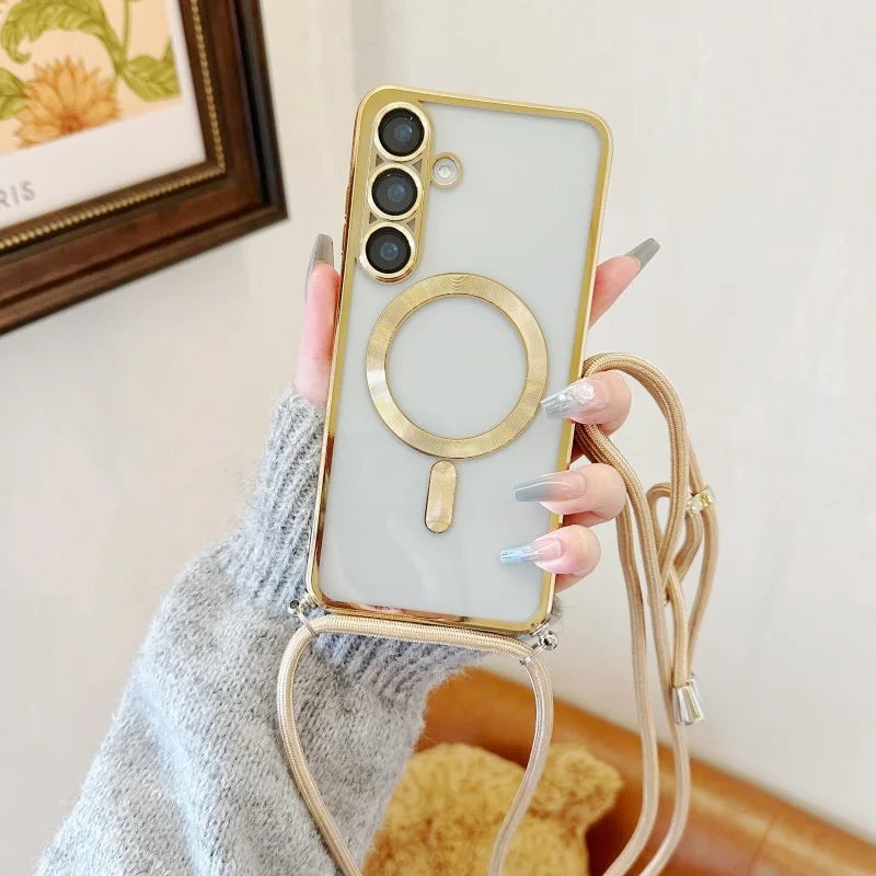 Magnetic Case For Samsung Galaxy S26 Ultra S25，S24,S23,S22 FE  Plus Wireless Clear Plating Strap Crossbody Lanyard Soft Cover